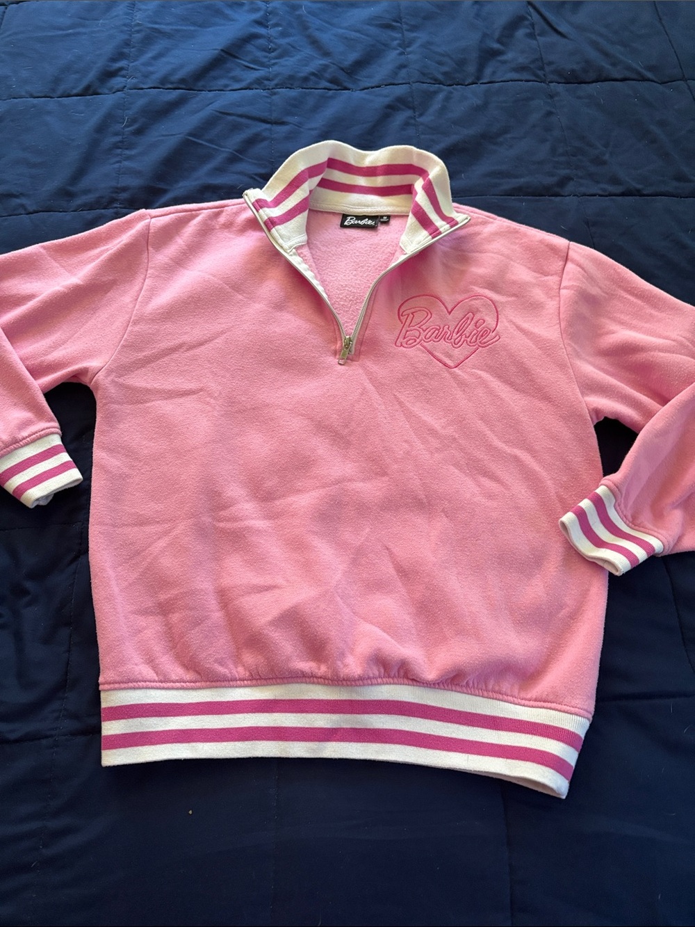 Barbie Pink Striped-Collar Quarter Zip Sweatshirt